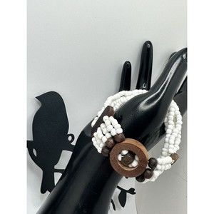 Vtg Bracelet Wood & White Ceramic Seed Beads Flex Tribal Ethnic Boho Beach